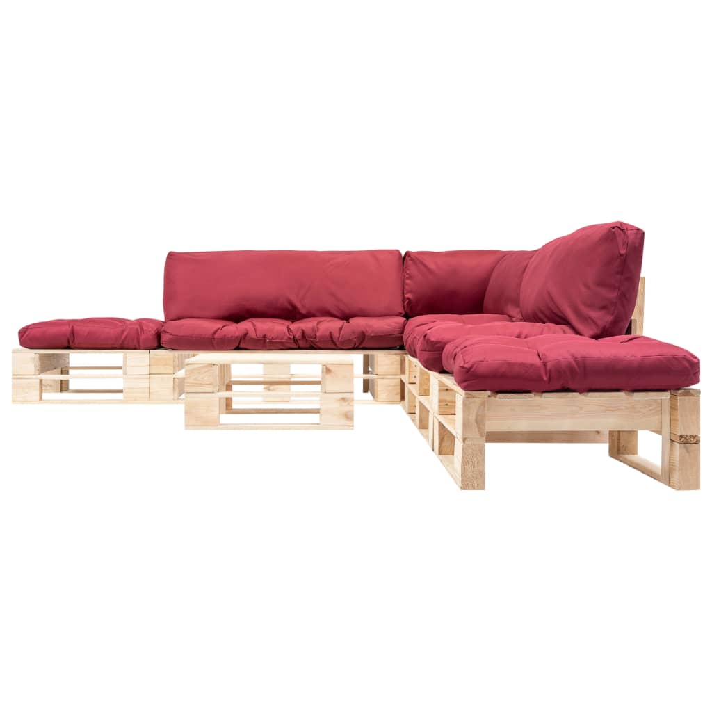 Set Divani da Giardino Pallet 6 pz con Cuscini Rossi in Legno