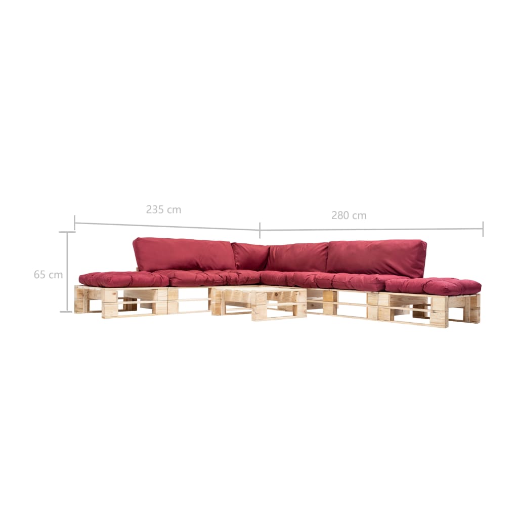 Set Divani da Giardino Pallet 6 pz con Cuscini Rossi in Legno