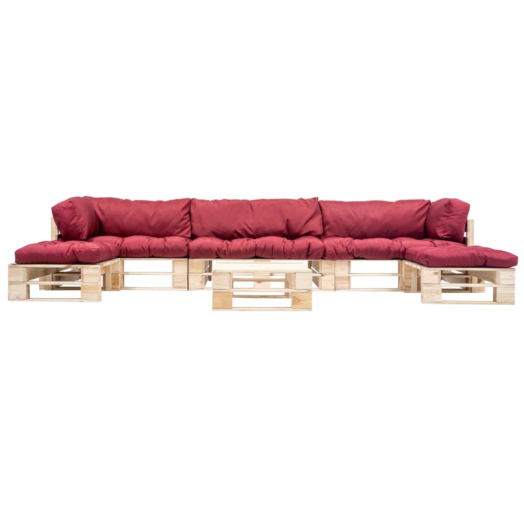 Set Divani da Giardino Pallet 6 pz con Cuscini Rossi in Legno