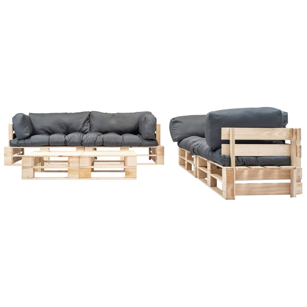 Set Divani da Giardino Pallet 6 pz con Cuscini Grigi in Legno