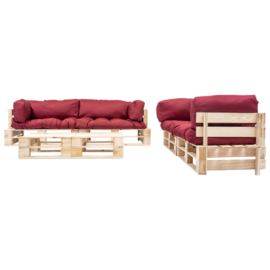 Set Divani da Giardino Pallet 6 pz con Cuscini Rossi in Legno