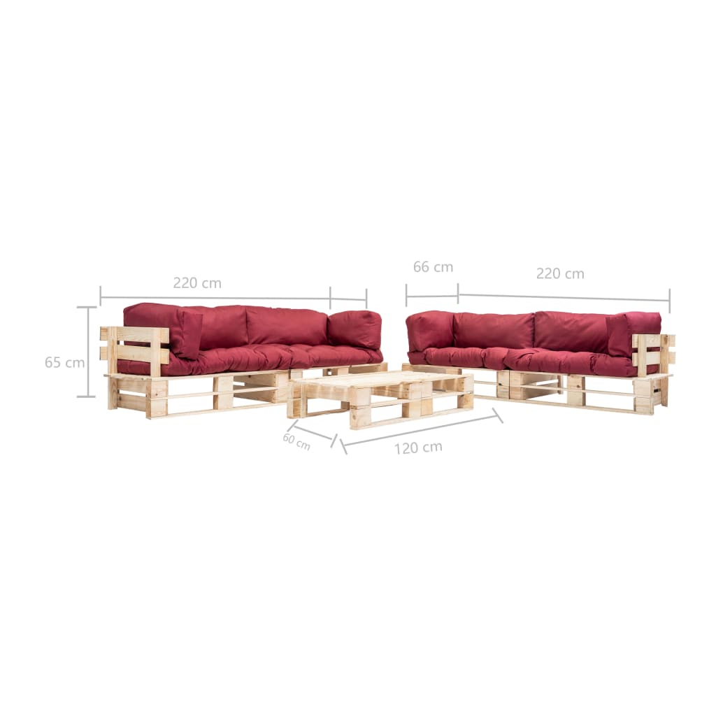 Set Divani da Giardino Pallet 6 pz con Cuscini Rossi in Legno