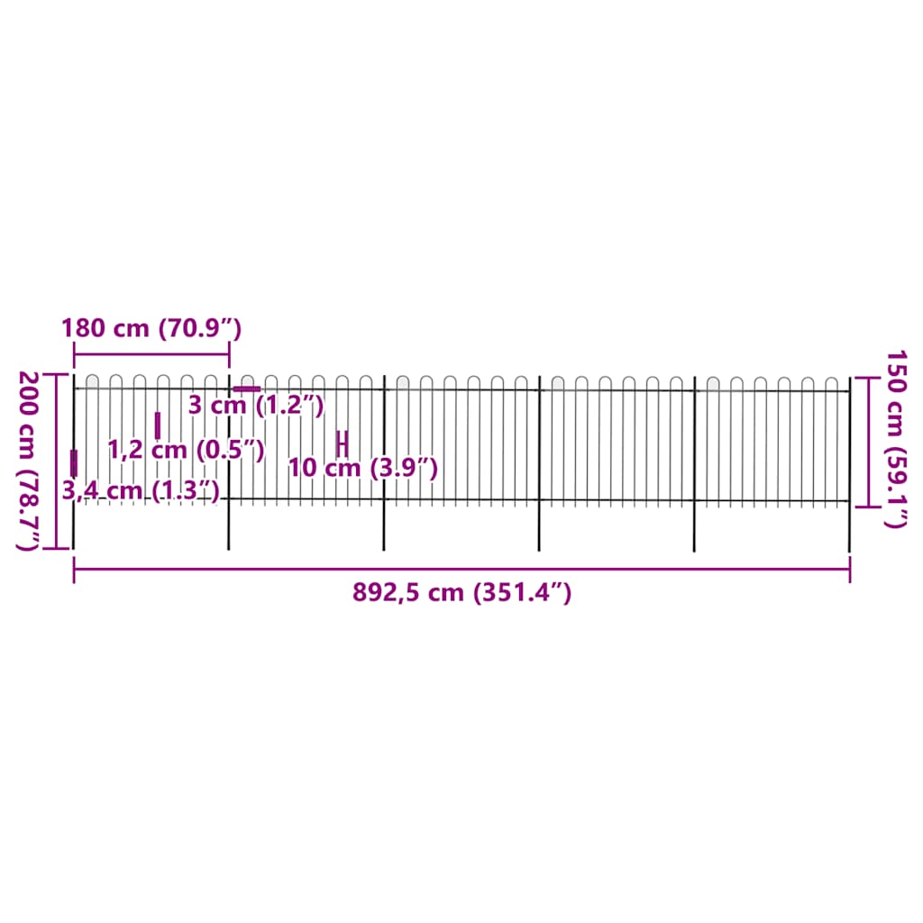 Recinzione da Giardino con Parte Superiore ad Anello in Acciaio 892,5x150 cm Nero