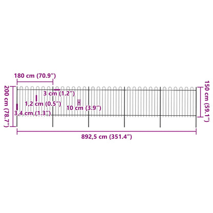 Recinzione da Giardino con Parte Superiore ad Anello in Acciaio 892,5x150 cm Nero