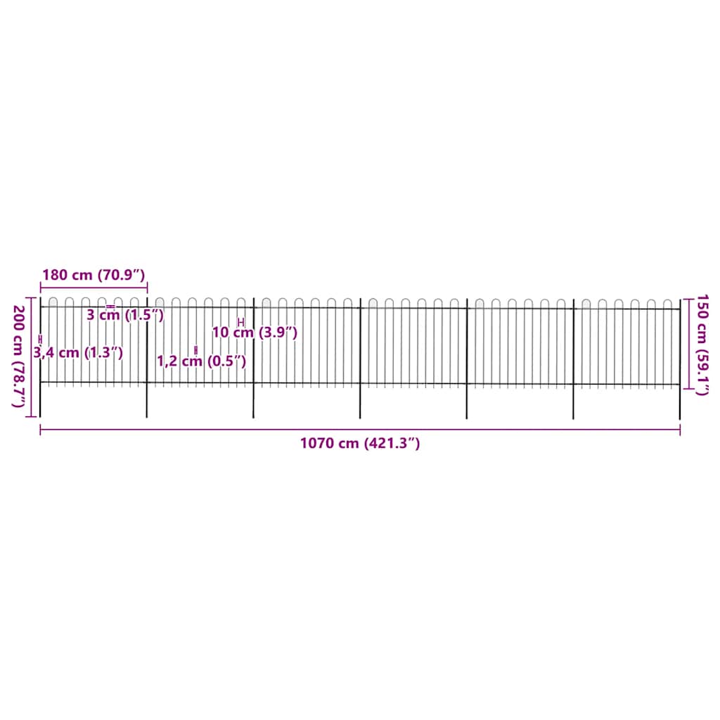 Recinzione da Giardino con Parte Superiore ad Anello in Acciaio 1070x150 cm Nero