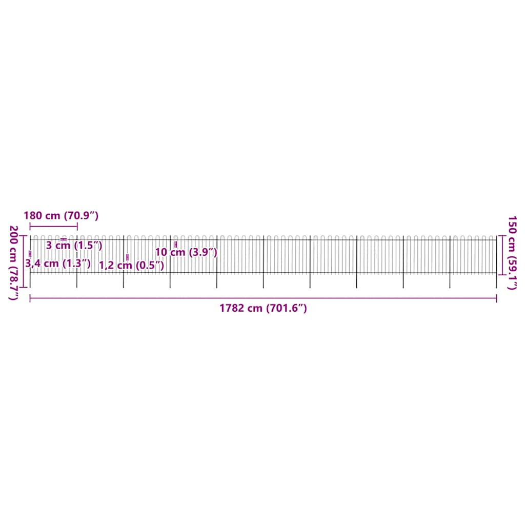 Recinzione da Giardino con Parte Superiore ad Anello in Acciaio 1781,5x150 cm Nero