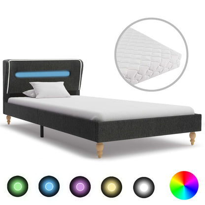Letto con LED e Materasso Grigio Scuro Tela Ruvida 90x200 cm