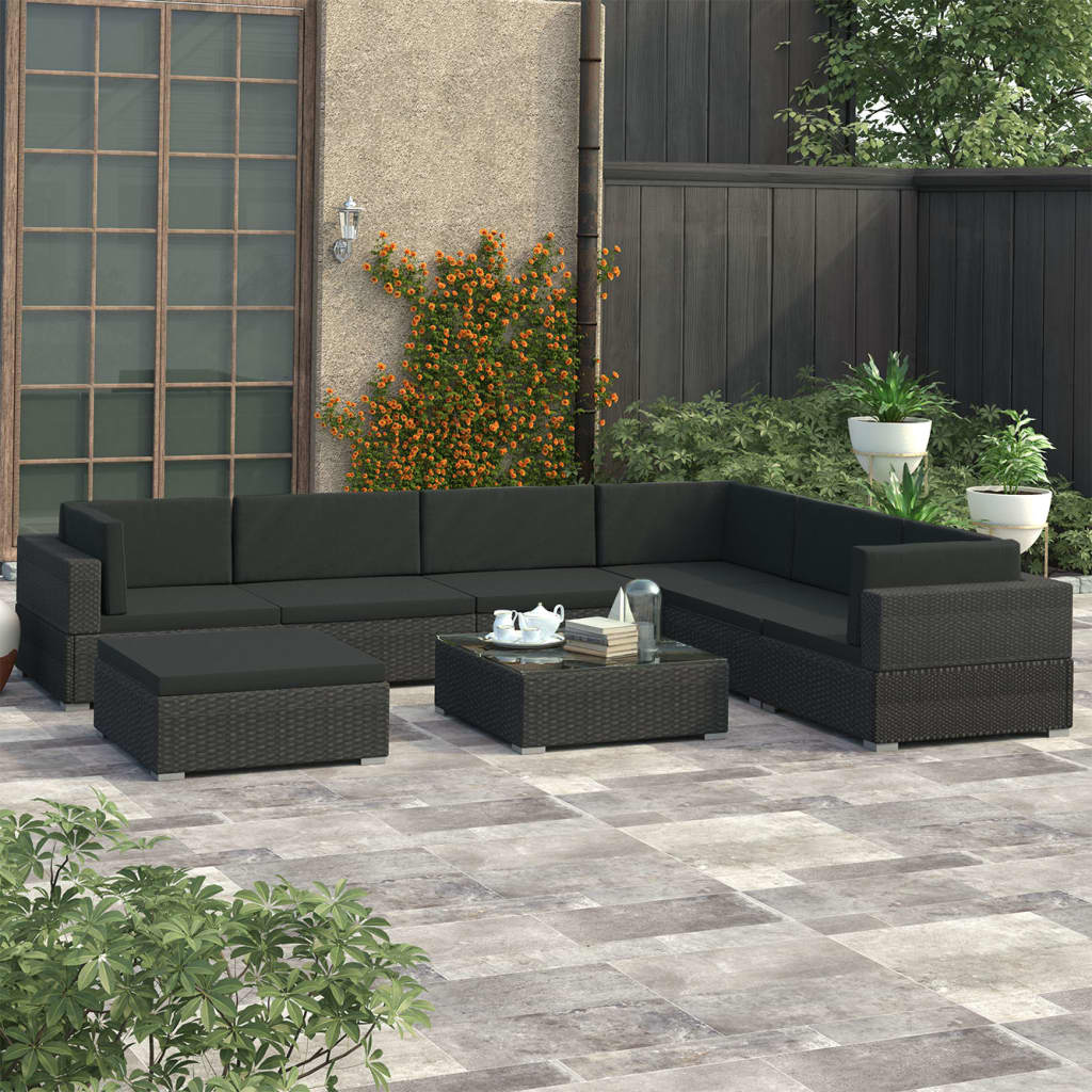 Set Divani da Giardino 8 pz con Cuscini in Polyrattan Nero