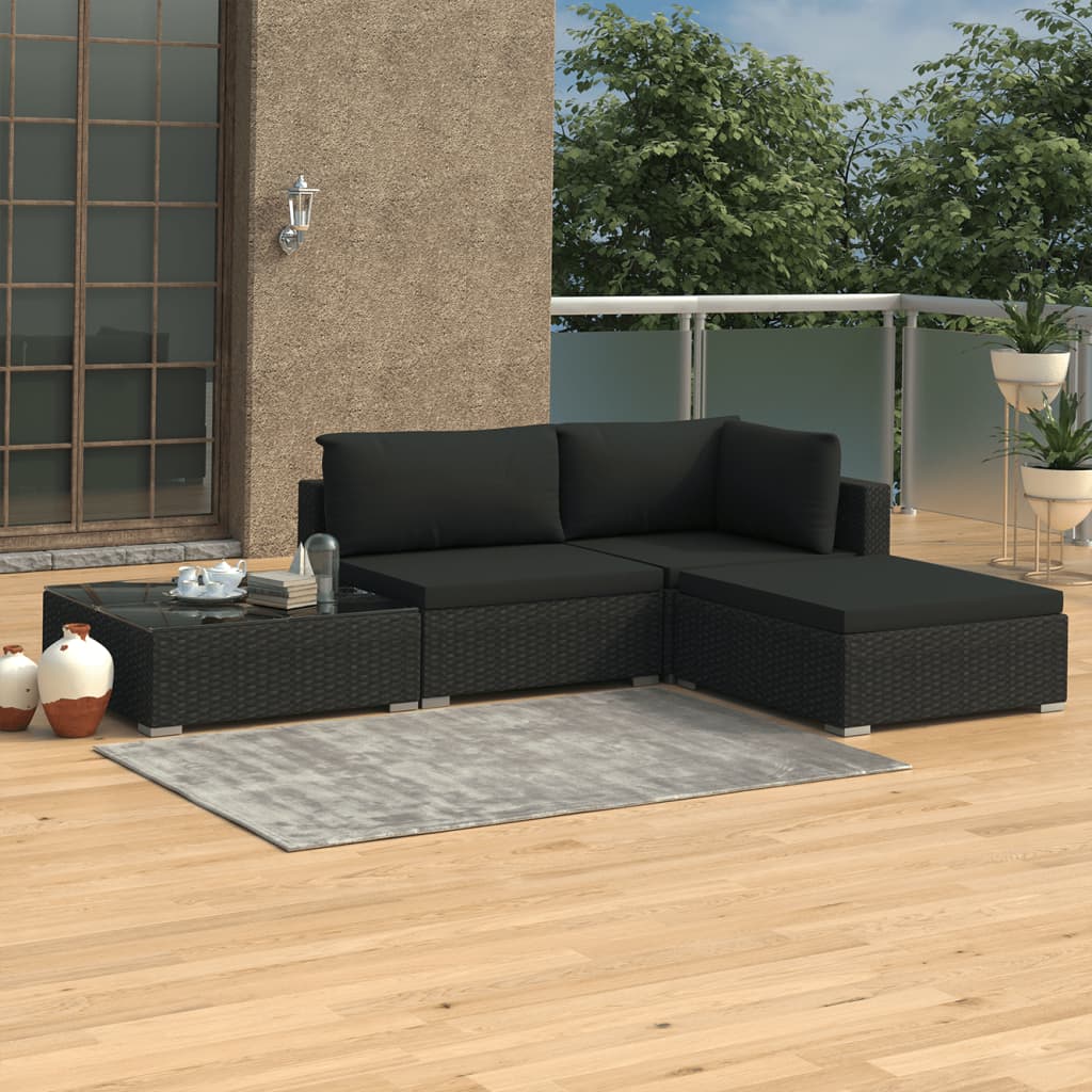 Set Divani da Giardino 4 pz con Cuscini in Polyrattan Nero
