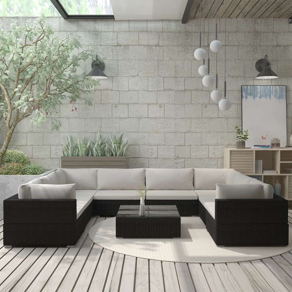 Set Divani da Giardino 9 pz con Cuscini in Polyrattan Nero