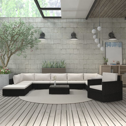 Set Divani da Giardino 11 pz con Cuscini in Polyrattan Nero