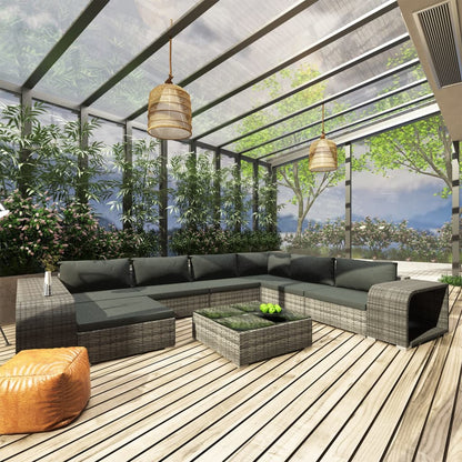 Set Divani da Giardino 10 pz con Cuscini in Polyrattan Grigio