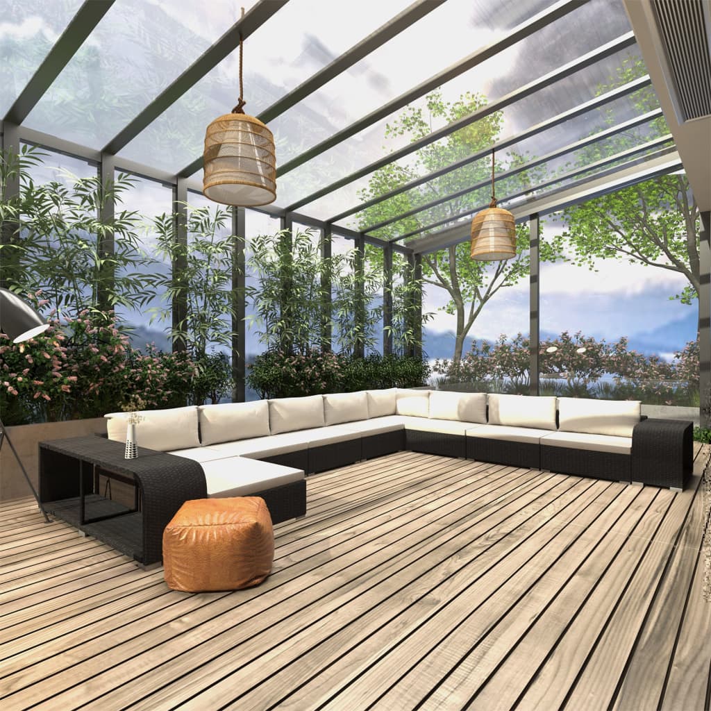Set Divani da Giardino 11 pz con Cuscini in Polyrattan Nero