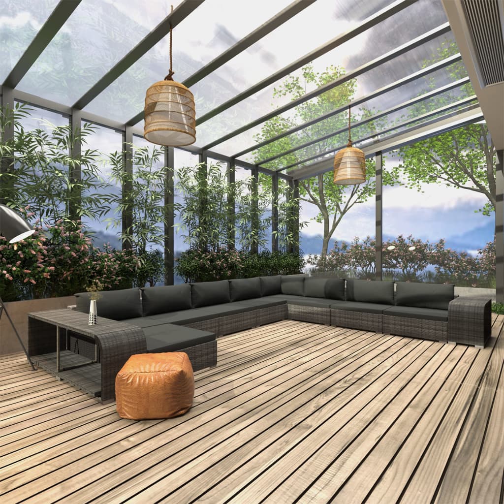 Set Divani da Giardino 11 pz con Cuscini in Polyrattan Grigio