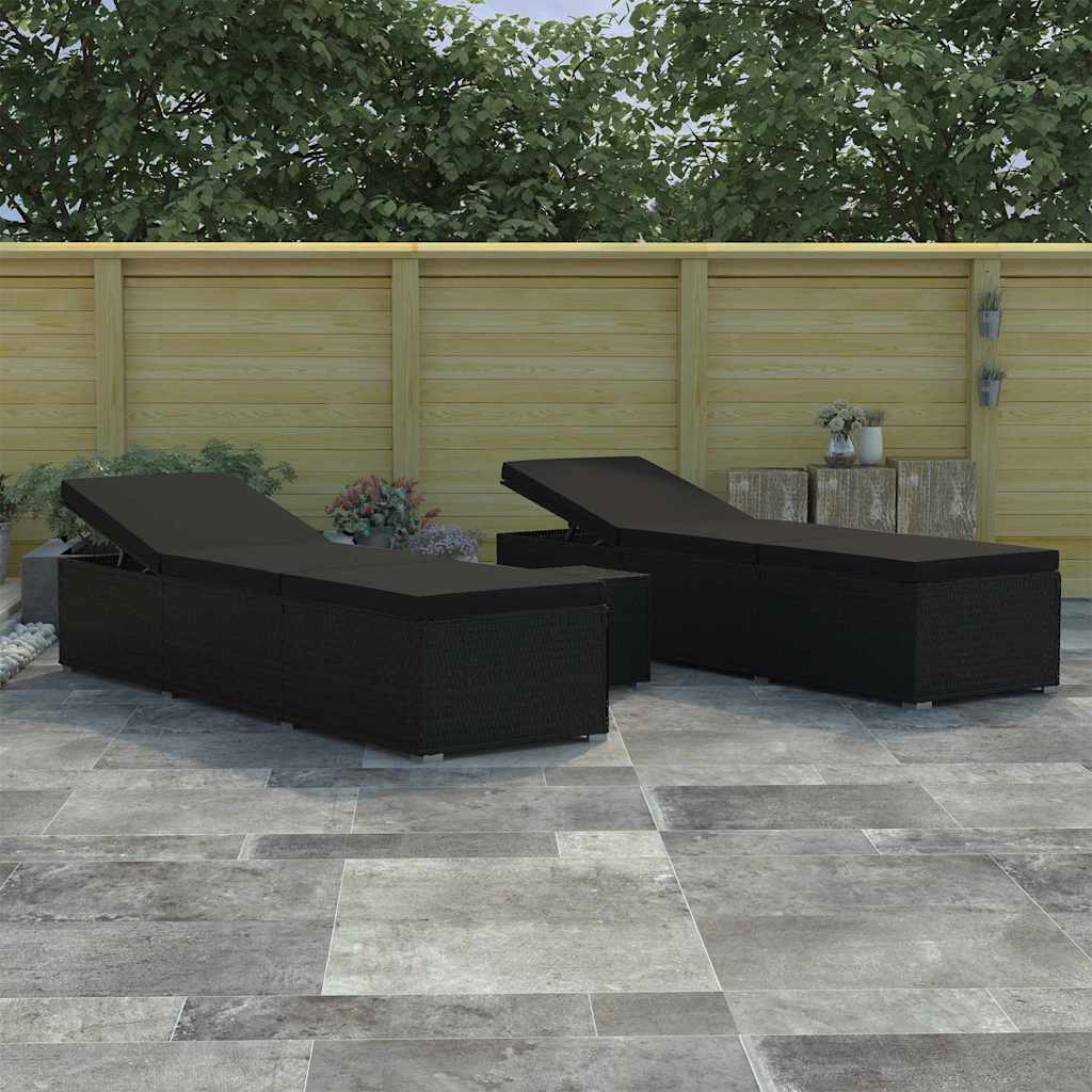 Lettini da giardino con cuscino 3 pcs Nero Poly Rattan