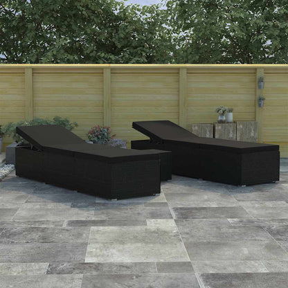 Lettini da giardino con cuscino 3 pcs Nero Poly Rattan