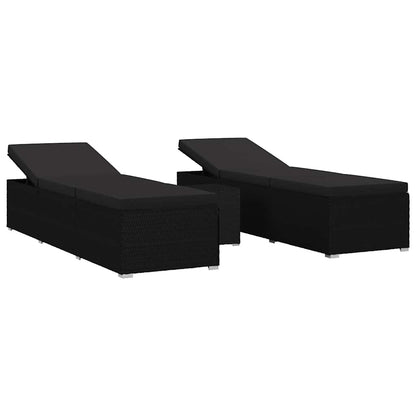 Lettini da giardino con cuscino 3 pcs Nero Poly Rattan