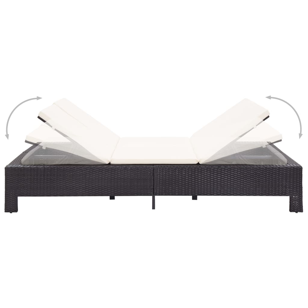 Lettino Prendisole a 2 Posti con Cuscino Nero in Polyrattan