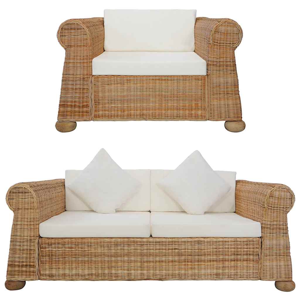 Set di Divani 2 pz con Cuscini in Rattan Naturale