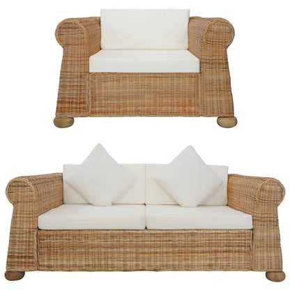 Set di Divani 2 pz con Cuscini in Rattan Naturale