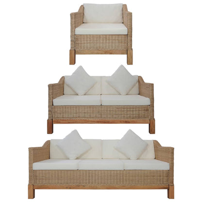 Set di Divani 3 pz con Cuscini in Rattan Naturale