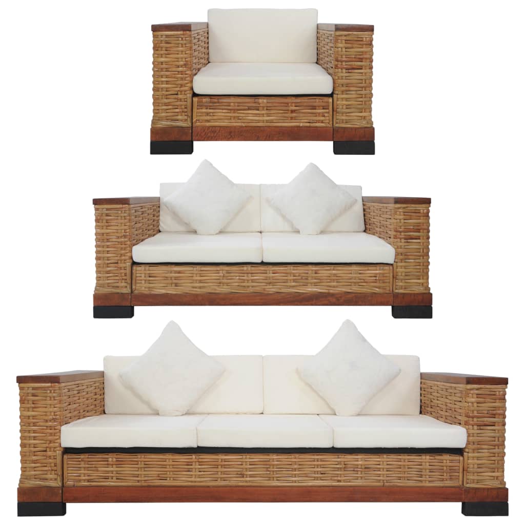 Set di Divani 3 pz con Cuscini in Rattan Naturale Marrone