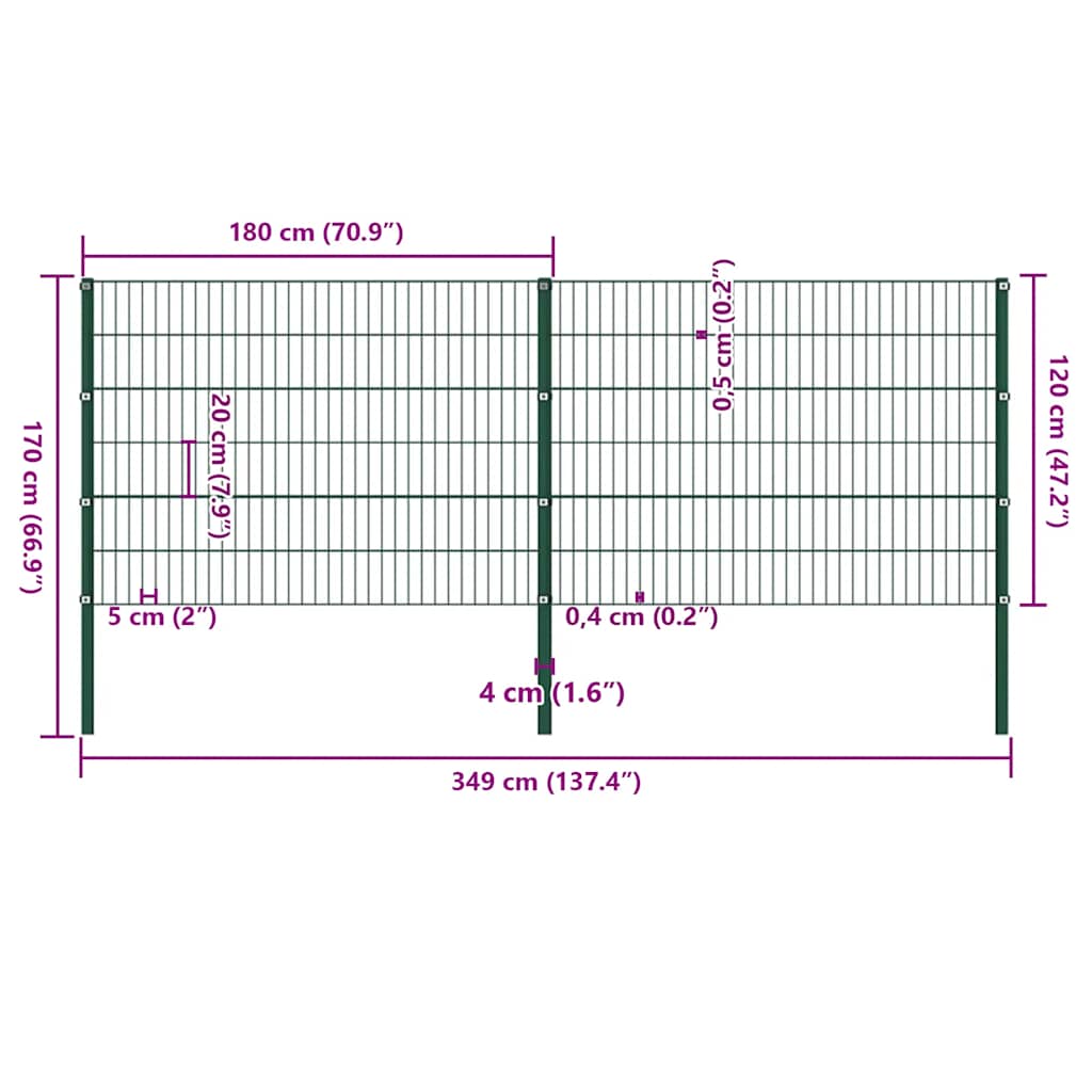 Pannello di recinzione con pali in ferro 349x120 cm verde