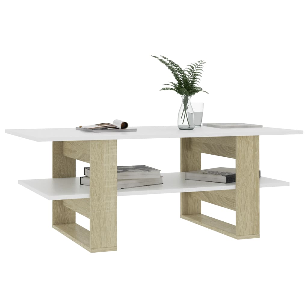 Tavolino Bianco e Rovere Sonoma 110x55x42 cm Legno Multistrato