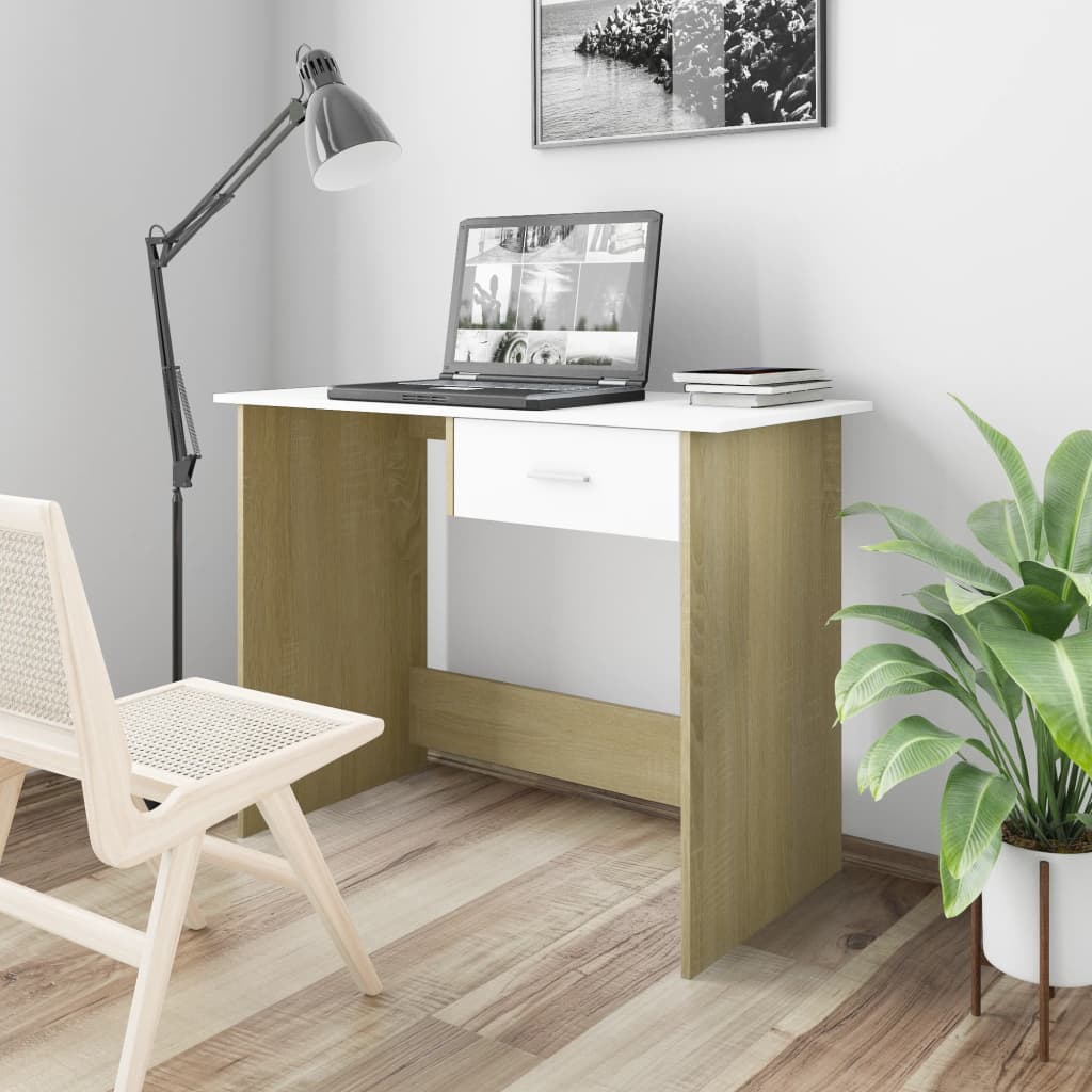 Scrivania Bianco e Rovere Sonoma 100x50x76 cm Legno Multistrato