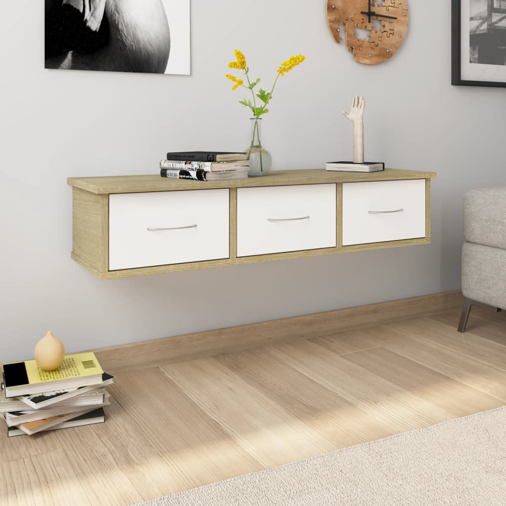 Scaffale Cassetti Parete Bianco Sonoma 88x26x18,5cm Multistrato
