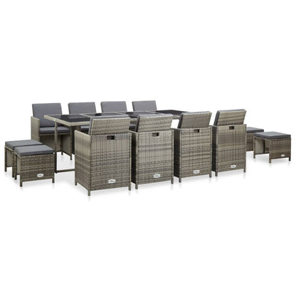 Set da Pranzo da Giardino 13pz con Cuscini in Polyrattan Grigio