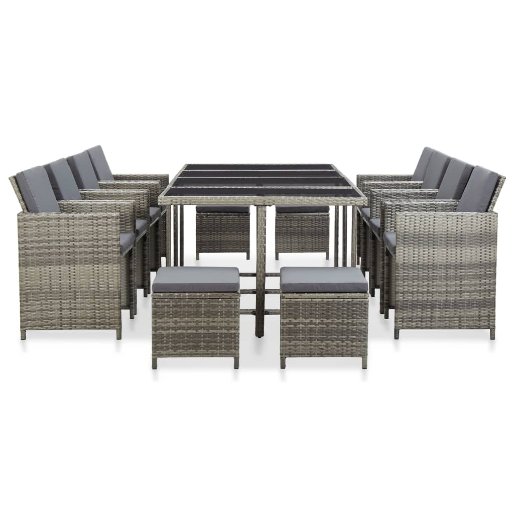 Set da Pranzo da Giardino 13pz con Cuscini in Polyrattan Grigio