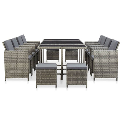 Set da Pranzo da Giardino 13pz con Cuscini in Polyrattan Grigio