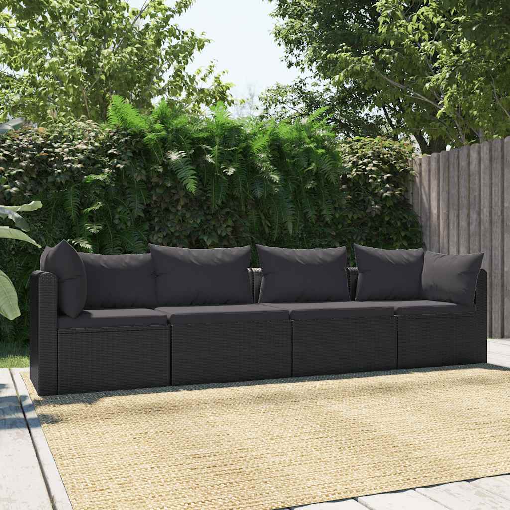 Set Divani da Giardino 4 pz con Cuscini in Polyrattan Nero