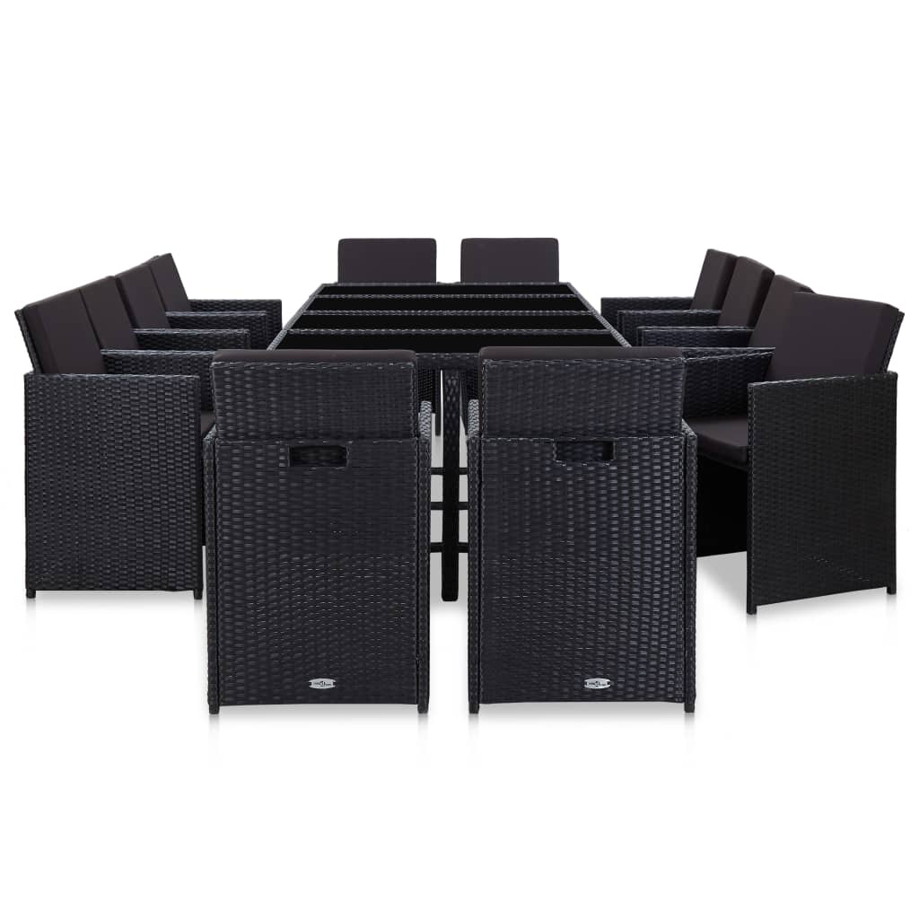 Set da Pranzo da Giardino 13 pz con Cuscini in Polyrattan Nero