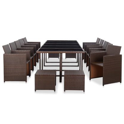Set da Pranzo da Giardino 15 pz con Cuscini Polyrattan Marrone