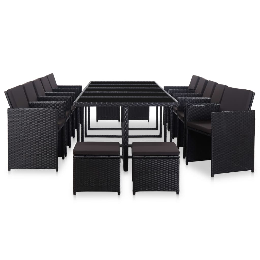 Set da Pranzo da Giardino 15 pz con Cuscini in Polyrattan Nero