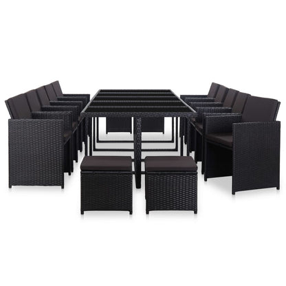 Set da Pranzo da Giardino 15 pz con Cuscini in Polyrattan Nero