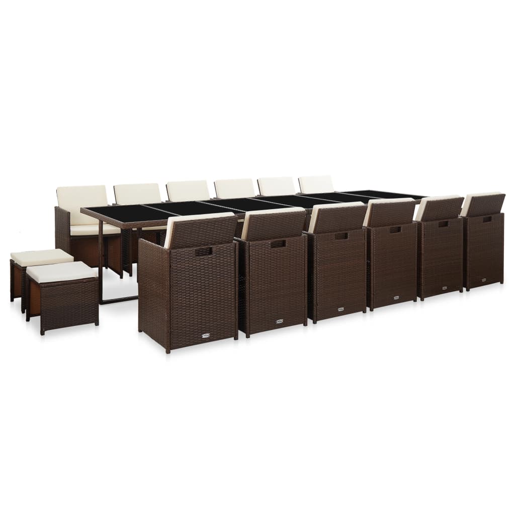 Set da Pranzo da Giardino 17 pz con Cuscini Polyrattan Marrone