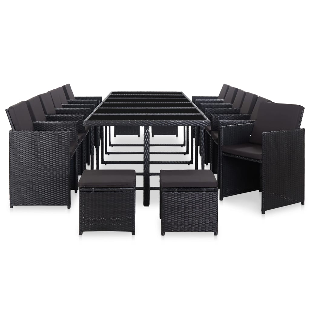 Set da Pranzo da Giardino 17 pz con Cuscini in Polyrattan Nero