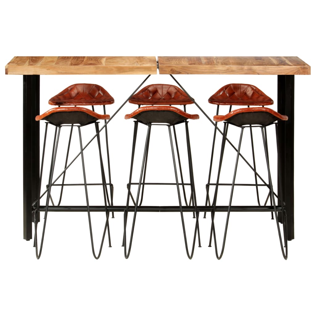 Set da Bar 7 pz in Legno Massello di Acacia e Vera Pelle