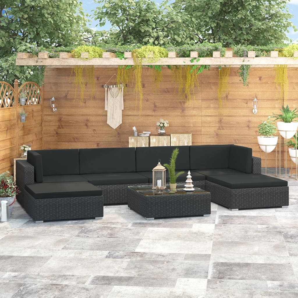 Set Divani da Giardino 7 pz con Cuscini in Polyrattan Nero
