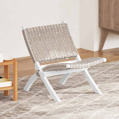 Sedia Relax Bianca in Rattan Kubu Naturale e Mogano Massello