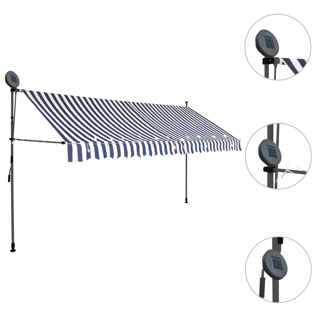 Tenda da Sole Retrattile Manuale con LED 350 cm Blu e Bianca