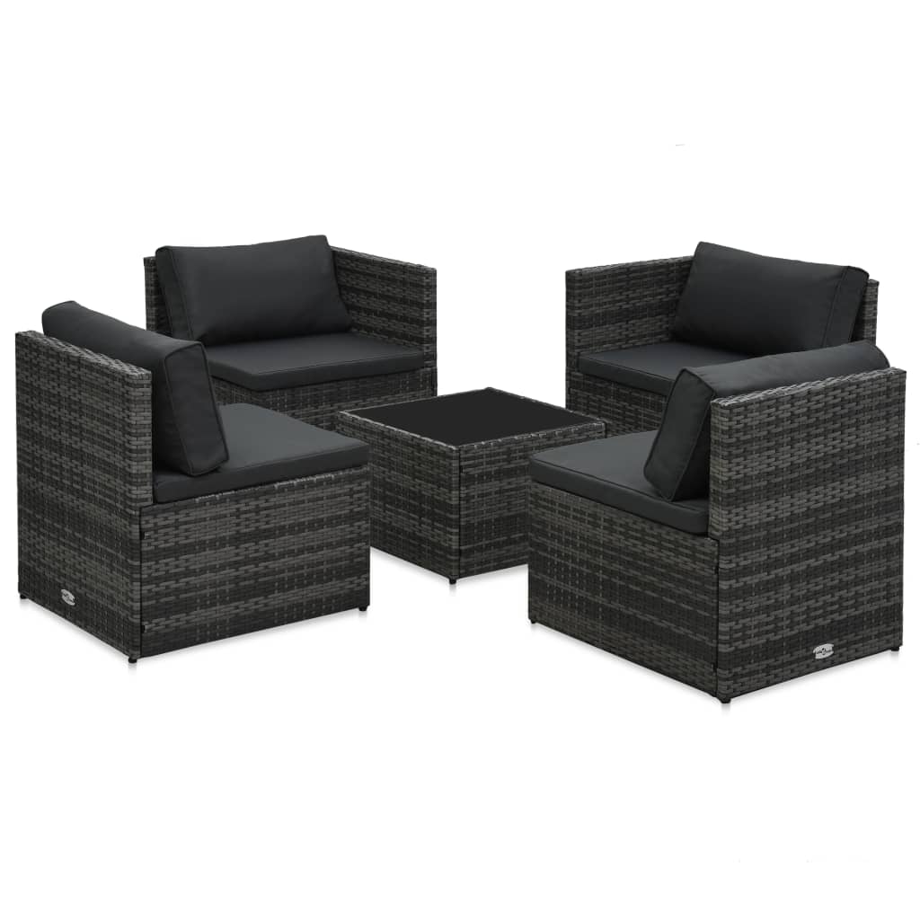 Set Divani da Giardino 5 pz con Cuscini in Polyrattan Grigio