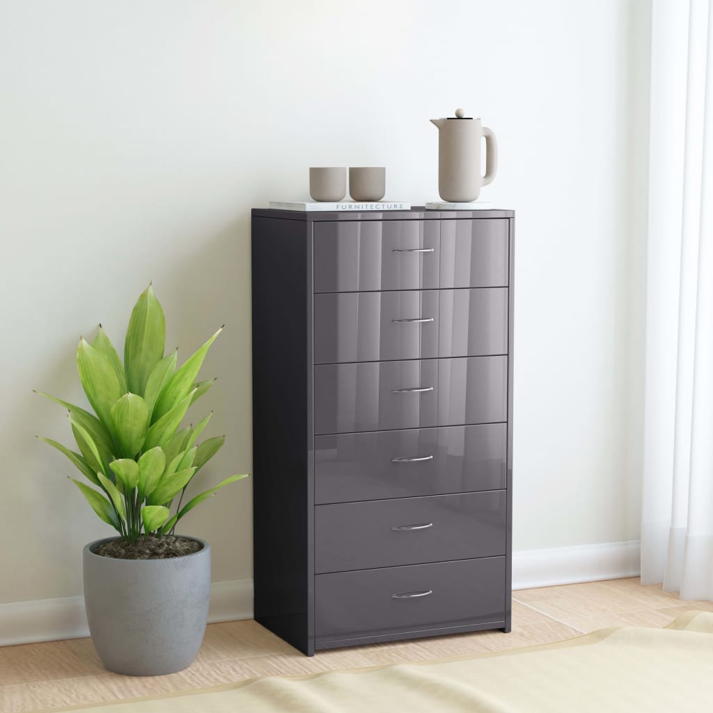 Credenza 6 Cassetti Grigio Lucido 50x34x96 cm Legno Multistrato