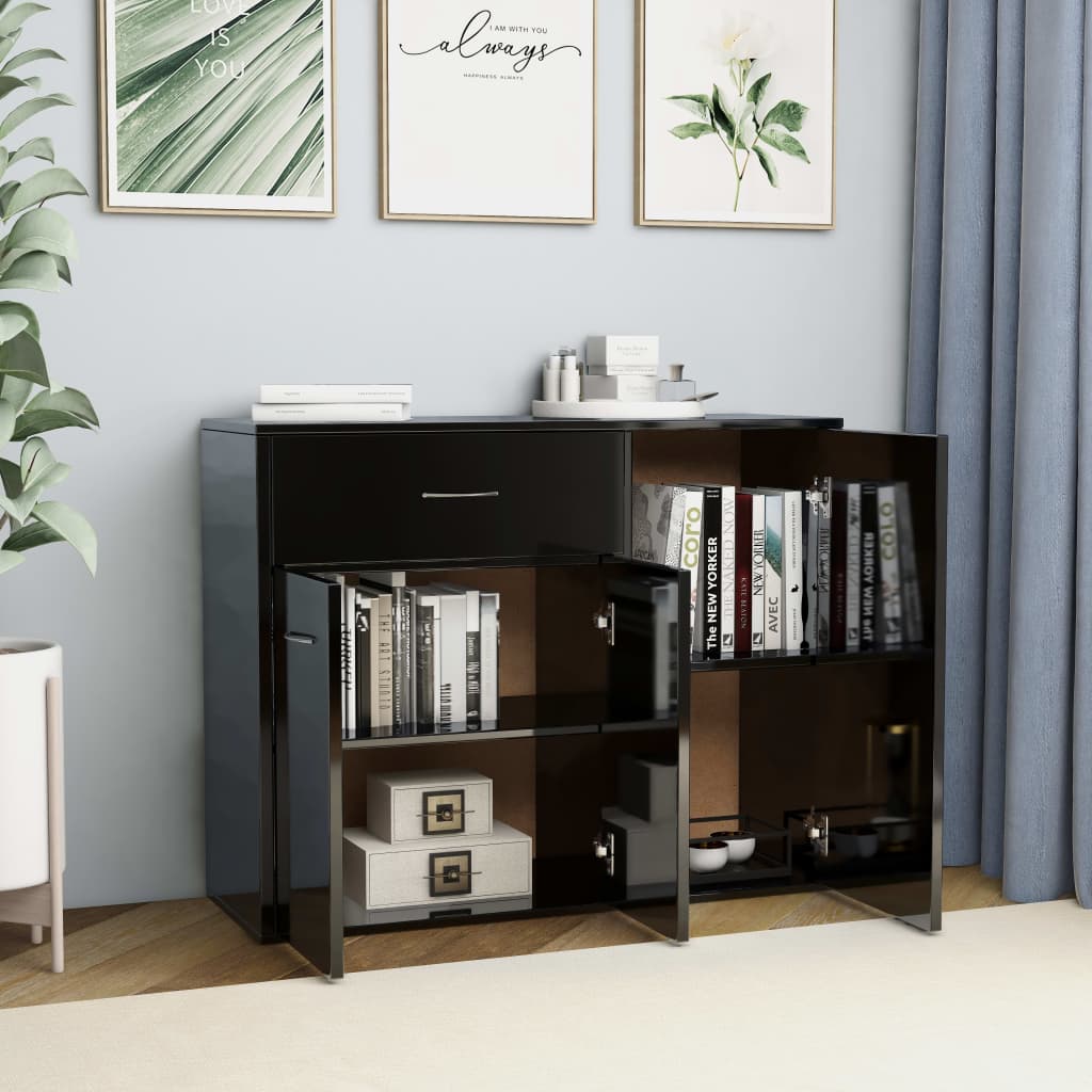 Credenza Nero Lucido 88x30x70 cm in Legno Multistrato