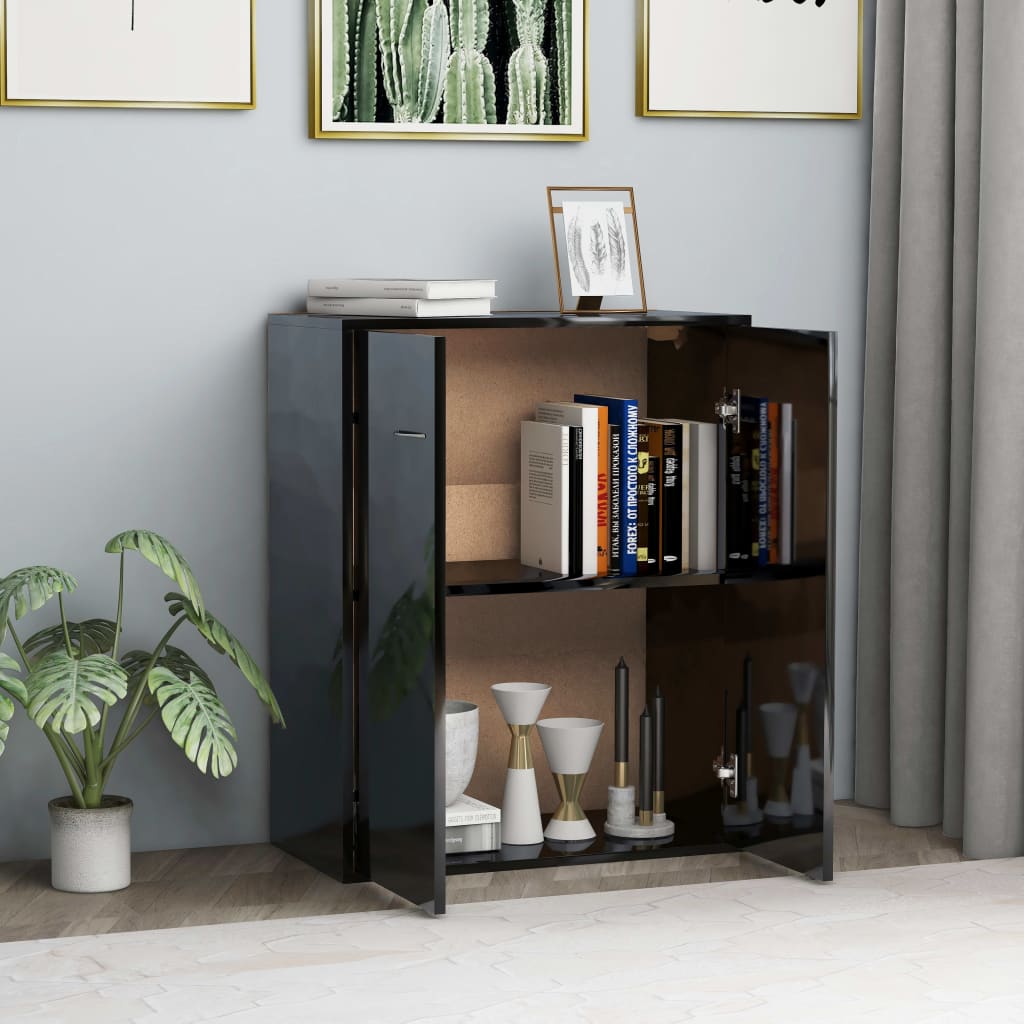 Credenza Nero Lucido 60x30x75 cm in Legno Multistrato