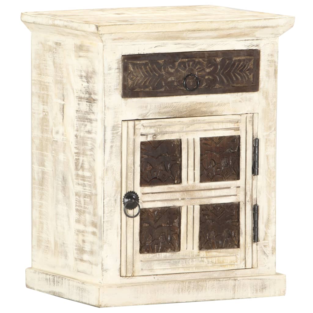 Comodino Bianco 40x30x50 cm in Legno Massello di Mango