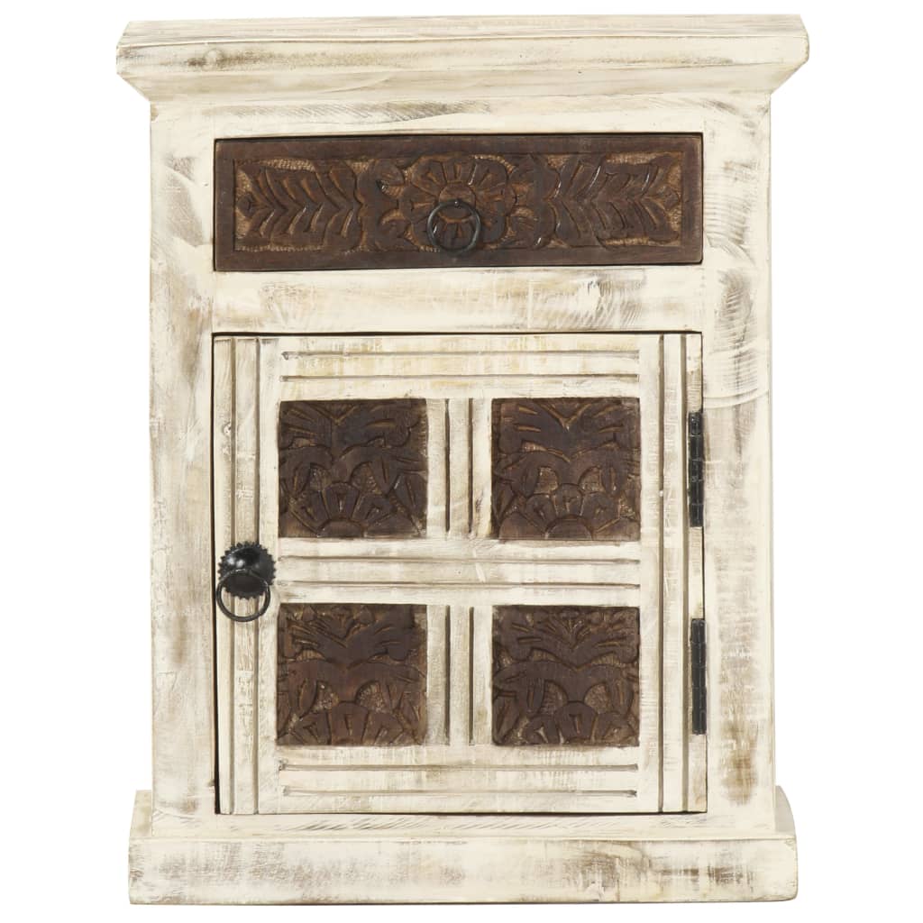 Comodino Bianco 40x30x50 cm in Legno Massello di Mango